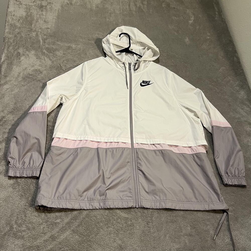 Nike Windbreaker Jacket Womens XL White Gray Pink Colorblock Hooded Full Zip